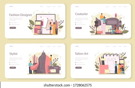 Fashion designer or tailor web banner or landing page set. Professional master sewing clothes. Dressmaker working on power sewing machine and taking measurements. Vector illustration