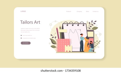 Fashion designer or tailor web banner or landing page. Professional master sewing clothes. Dressmaker working on power sewing machine and taking measurements. Vector illustration