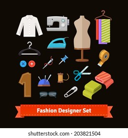 Fashion designer tools and materials flat icon set. EPS 10 vector.