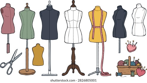 Fashion designer vector elements set with various sewing mannequins torso stands dressforms measuring tapes and tailoring equipment for needlework craft boutique layout