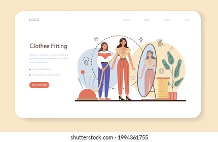 Fashion designer web banner or landing page. Professional tailor sewing or fitting clothes. Dressmaker working on power sewing machine and taking measurements. Vector flat illustration