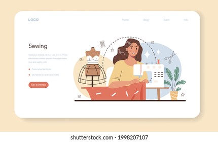 Fashion designer web banner or landing page. Professional tailor sewing or fitting clothes. Dressmaker working on power sewing machine and taking measurements. Vector flat illustration