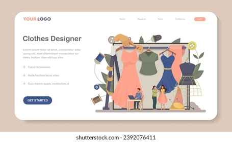 Fashion designer web banner.Professional tailor master sewing or fitting clothes landing page.  Vector illustration.