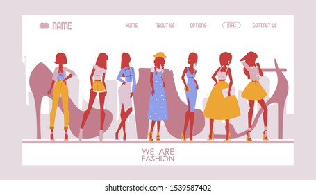 Fashion designer website template, vector illustration. Landing page design for clothes and accessories store. Fashion trends collection, online shopping. Beautiful model silhouettes in modern dresses