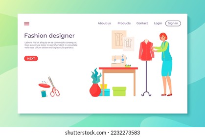 Fashion designer woman tailor character online web application website banner, template landing webpage mobile app flat vector illustration.