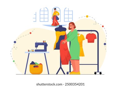 Fashion designer woman. Young girl tries on dress on mannequin. Seamstress and tailor. Needlework and handicraft clothes. Fashion and style. Flat vector illustration isolated on white background