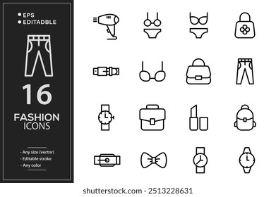 Fashion designer. Women garment. Fashion week. Dressing room, mannequin. Pixel Perfect Vector Thin Line Icons. Simple Minimal Pictogram