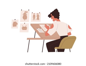 Fashion designer at work, creating clothes collection, drawing sketches, drafts of garments. Woman during design creation process at table. Flat vector illustration isolated on white background