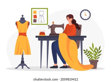 Fashion designer at work. Girl releases new collection of clothes. Employee sitting in workshop. Fabric, factory, personal tailor. Cartoon flat vector illustration isolated on white background