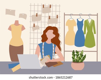 Fashion designer at work in the workshop. A fashion designer selects fabric samples for a fashion collection. Vector illustration