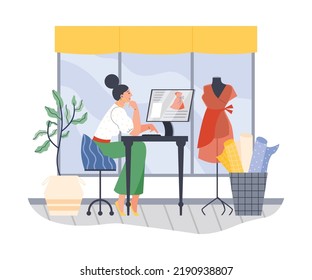 Fashion designer working on new dress, flat vector illustration isolated on white background. Seamstress or dressmaker office interior. Woman sitting at desk with computer.