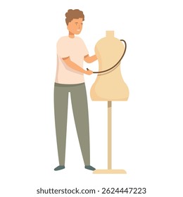 Fashion designer is working on a new creation, carefully taking measurements of a dress form