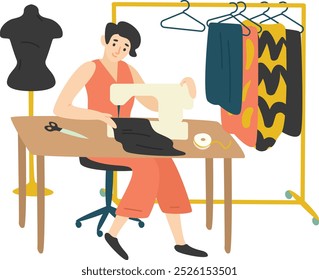 Fashion Designer Working on a Sewing Machine. A fashion designer in the process of creating new garments using a sewing machine. Suitable for content related to sewing, tailoring, or custom design