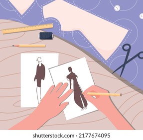 Fashion designer at workplace. Character draws imants of clothes on people, develops style or size, fashion and trendy. Planning and creativity, creative personality. Cartoon flat vector illustration