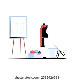 Fashion Designer Workspace With Dress Form, Sewing Tools, and Sketches in Flat Vector Illustration Symbolizing Creativity, Tailoring, and Fashion Design, Isolated on White Background