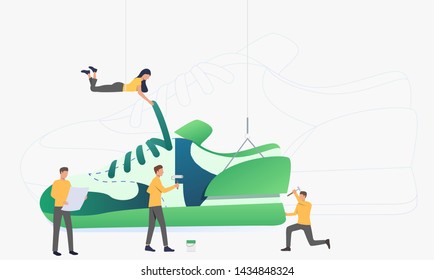 Fashion designers constructing sneakers. People lacing and painting boot. Fashion concept. Vector illustration can be used for sport brand, footwear production, athletic shoes
