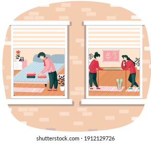 Fashion designers making model. Man in apartment in bedroom, folding things neatly on bed, neighbors view through windows. Dressmakers confer standing near table and looking at clothes pattern