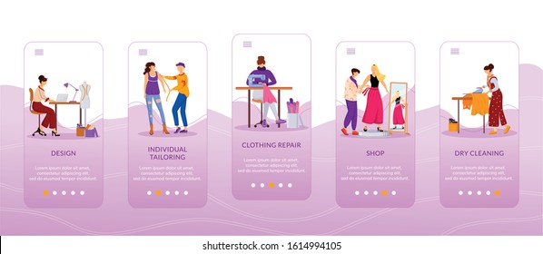 Fashion designers onboarding mobile app screen flat vector template. Individual tailoring. Clothing repair. Walkthrough website steps with characters. UX, UI, GUI smartphone interface, case prints set