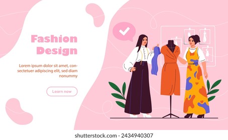 Afiche de diseñadores de moda. Dos mujeres cerca de maniquí con vestido rojo. Elegancia, estética, moda y estilo. Taller y estudio. Diseño de página web de aterrizaje. Ilustración de vector plano de dibujos animados