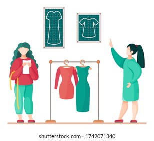 Fashion designers are standing near the hanging with dress and discussing about model. Seamstressers are comparing tailor pattern ang finished dress. Vector illustration of modern production concept