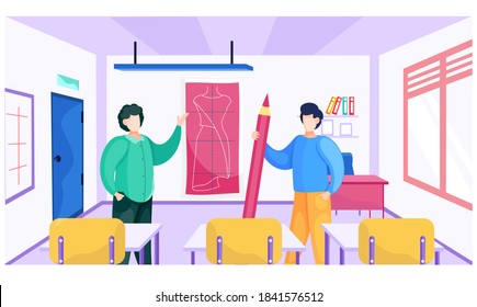 Fashion designers are standing near the sketch with dress in the interior of the classroom and discussing about model. Seamstressers are comparing tailor pattern ang finished dress vector illustration