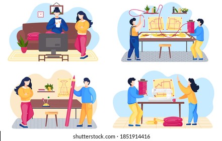 Fashion designers are standing near the sketch with dress and discussing about model. Seamstressers are talking about tailor pattern of women's dress. Modern production, man and woman in atelier