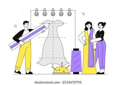 Fashion designers team. Woman and man with pencil near drawing of dress and model. Tailor and seamstress. Handmade clothes. Stylish and trendy apparel. Linear vector illustration