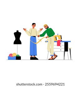 Fashion Designers Working In Flat Vector Illustration Symbolizing Creativity And Clothing Design, Isolated On White Background