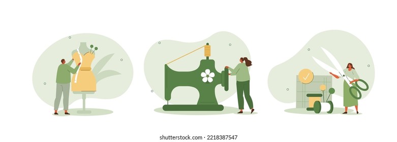 Fashion designing illustration set. Characters making sewing measurements, choosing material and using sewing machine to create clothes. Tailoring concept. Vector illustration.