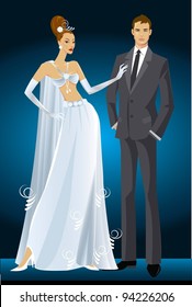 Fashion Design.Vector illustration of bride and groom suit and dress .