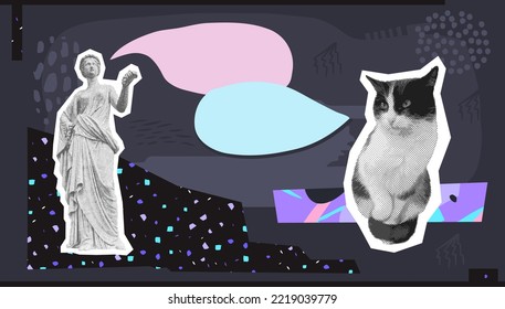 Fashion digital illustration collage art. Mixed animal, geometry and abstract creative objects. Stylish zine funny design