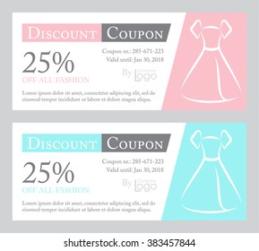 Fashion discount coupon with line illustration of dress on rose quartz and baby blue background