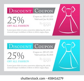 Fashion discount coupon with line illustration of dress on pink and blue background