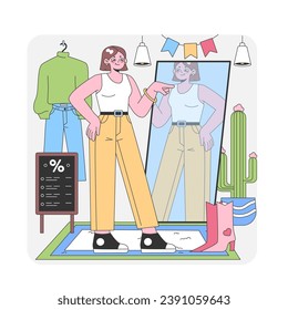 Fashion Discovery Moment. Woman joyfully spotting her reflection, trying on vibrant pants in a lively boutique setting, surrounded by trendy items and sale signage. Trying before buying. Flat vector