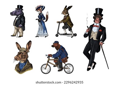 Perro de moda. Personajes animales. Oso marrón monta una bicicleta. Zorro y mono, hipopótamo y liebre o conejo en una moto. Caballero antiguo con gorra y abrigo. Hombre victoriano. Dibujo a mano viejo.