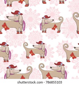 Fashion Dog Vector Pattern
Sketch new year 2018 puppy symbol character with hat and bag card seamless texture