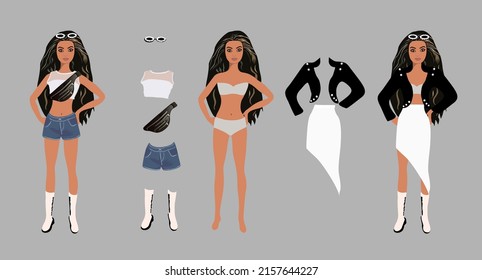 Muñeca de moda. Hermosa chica con ropa y accesorios. Vestir muñeca de papel. Dibujo manual de ilustración vectorial.