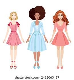 Fashion dolls collection. 3 dolls with dresses, blond and dark hair, curly long and short hair. Models concept. Vector illustration