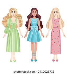 Fashion dolls set with clothes and shoes. Vector