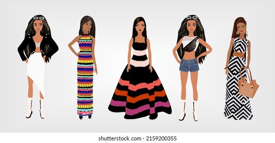 Fashion dolls vector illustration. Beautiful girls wearing modern casual outfit. Cartoon style fashion illustration isolated.