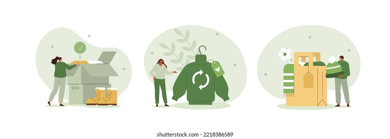 Fashion donation illustration set. Volunteers collecting and packing used clothes in boxes for charity. Second hand, clothing exchange and fabric donating concept. Vector illustration.
