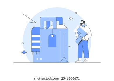 Fashion donation. Volunteer collecting and packing used clothes in boxes for charity. Second hand, clothing exchange and fabric donating.  Homeless shelter volunteers social work Flat Cartoon Vector 