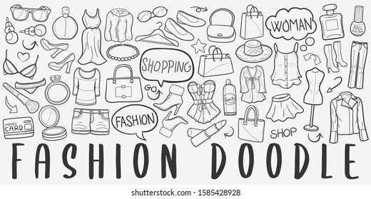 Fashion Doodle Line Art Illustration. Hand Drawn Vector Clip Art. Banner Set Logos.