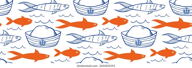 Moda padrão doodle com chapéu de marinheiro e sardinha. Fundo azul e laranja marinho moderno. Ideal para embalagem, impressões, marca estilo de vida. Ilustração vetorial desenhada à mão em estilo náutico.