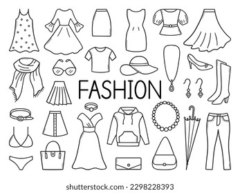 Juego de doodles de moda.  Ropa y accesorios femeninos al estilo de boceto. Ilustración vectorial dibujada a mano aislada en fondo blanco