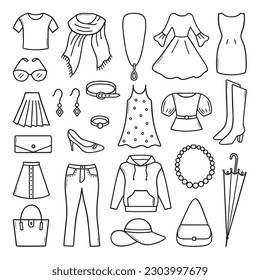 Fashion doodle set.  Women clothes and accessories in sketch style. Hand drawn vector illustration isolated on white background