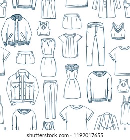 Fashion doodles pattern. Clothes sketch. Apparel. Outfit. Woman fashion background. Fabric design. Casual style. Denim. Jeans wear. Dress. Coat. Jacket. Leggins. Sweater. T-shirt.