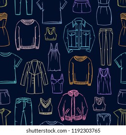 Fashion doodles pattern. Clothes sketch. Apparel. Outfit. Woman fashion background. Fabric design. Casual style. Denim. Jeans wear. Dress. Coat. Jacket. Leggins. Sweater. T-shirt.