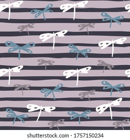 Fashion dragonfly seamless pattern on stripes background. Vintage dragonflies wallpaper. Decorative backdrop for fabric design, textile print, wrapping, cover. Vector illustration