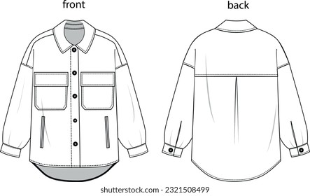 fashion drawing blank template for unisex mens and women shirts with flap pockets on chest, flat pockets, front and back view in white color, 